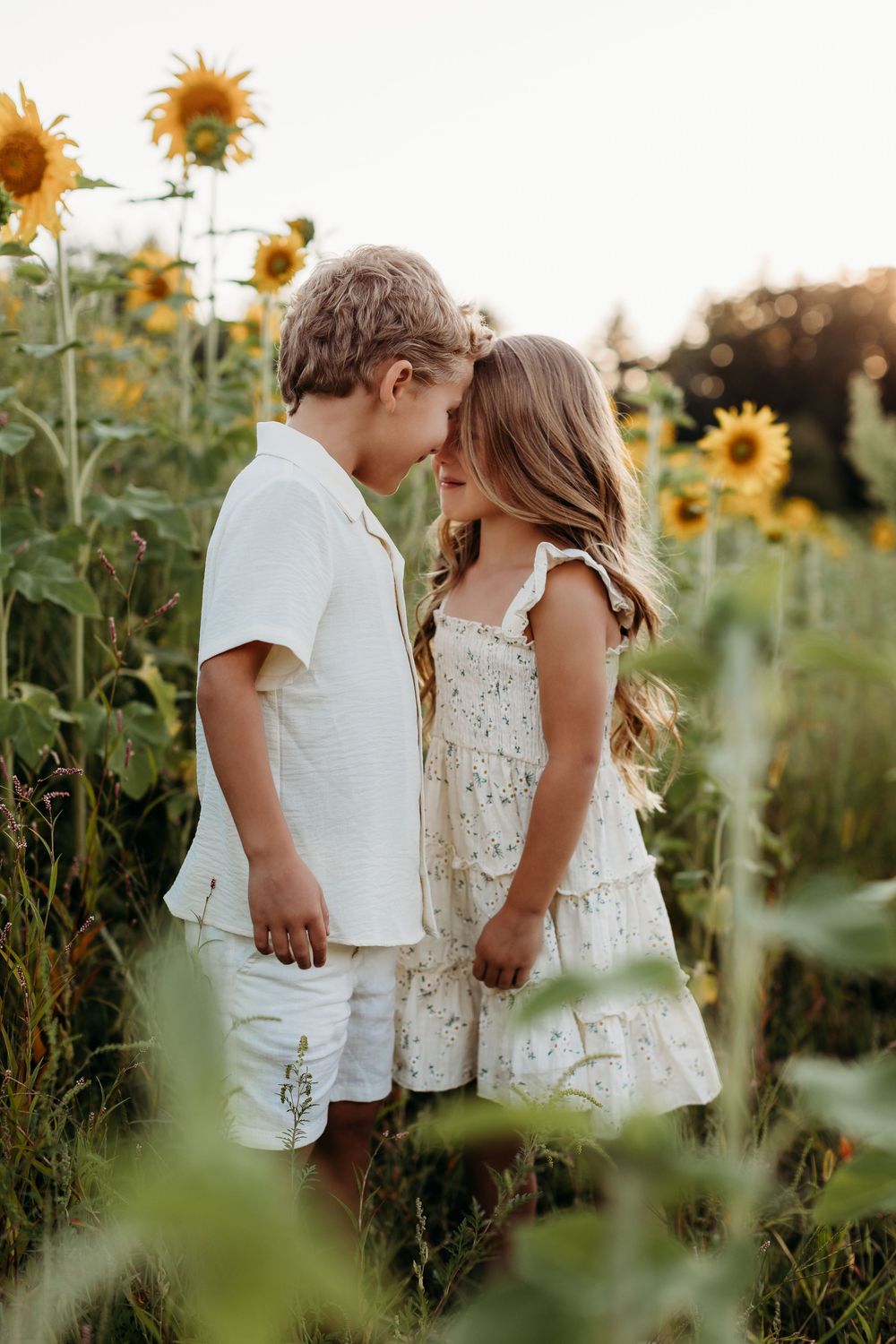 Sweet candid moment between two people in white outfits surrounded by blooming sunflowers at sunset.