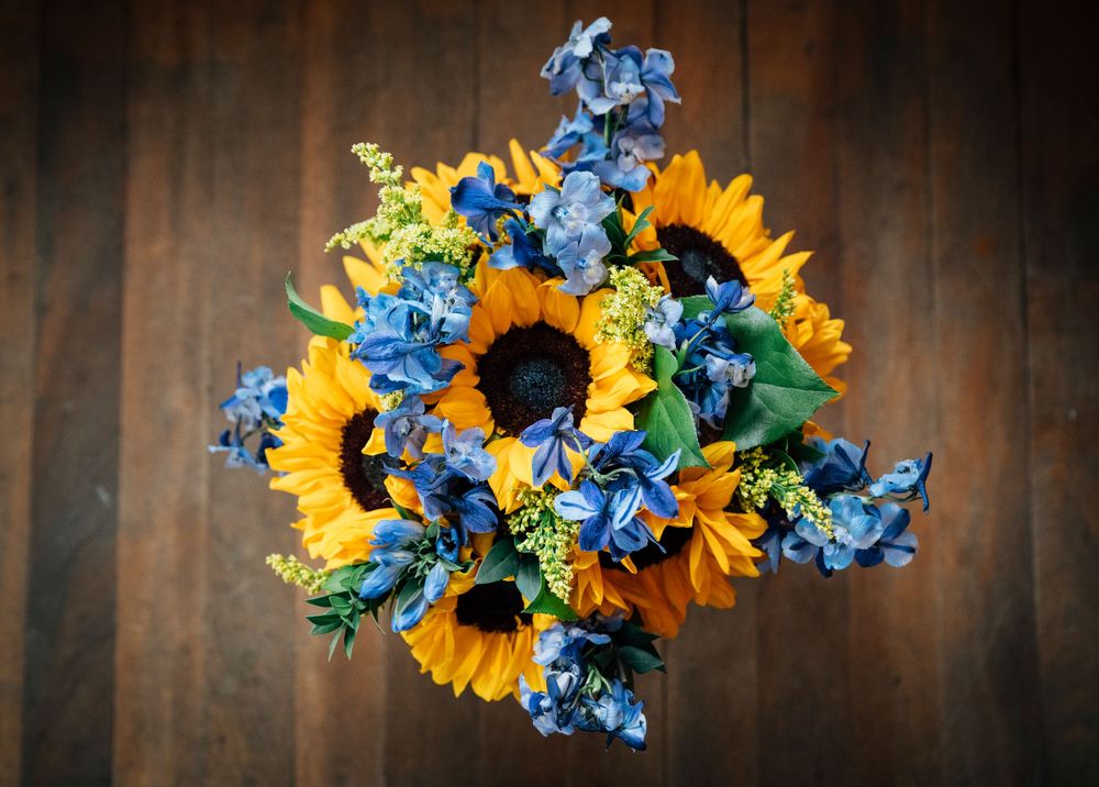 Beautiful floral arrangement featuring bright sunflowers and blue delphinium flowers against a dark wooden background.