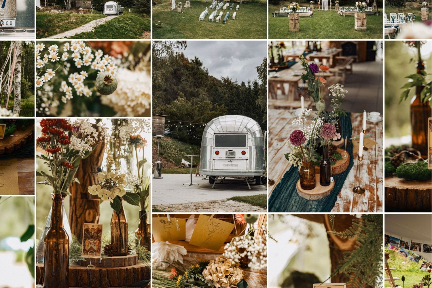 Wedding decor collage featuring floral arrangements, place settings, and reception details.