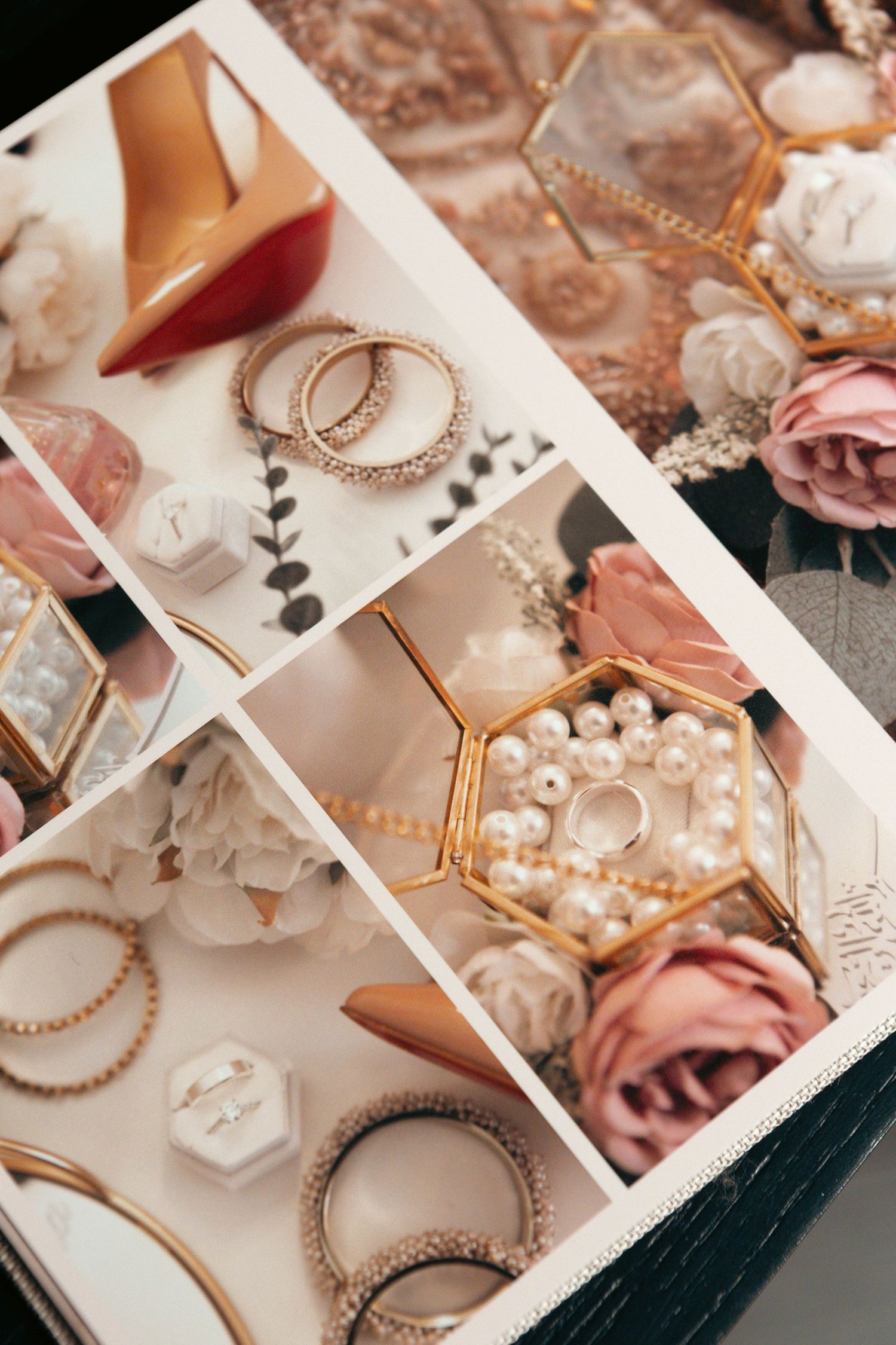 Elegant wedding accessories including pearls, rings, and rose gold jewelry arranged artistically.