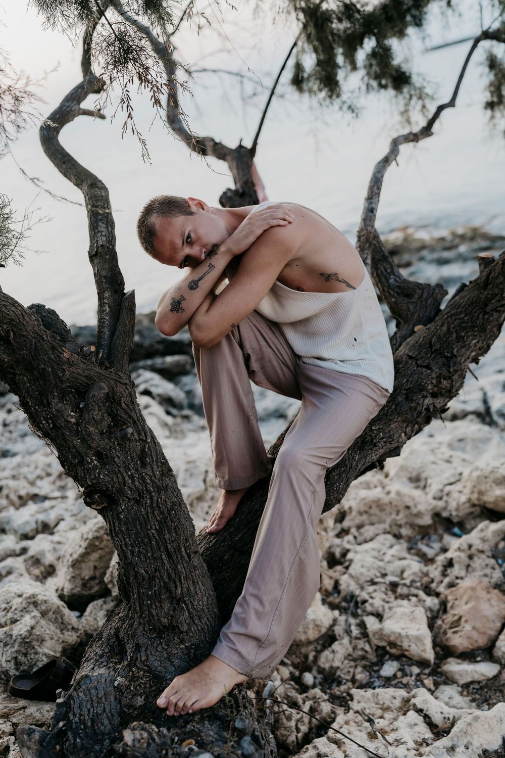 Person in casual attire performing contemporary dance moves on coastal tree.