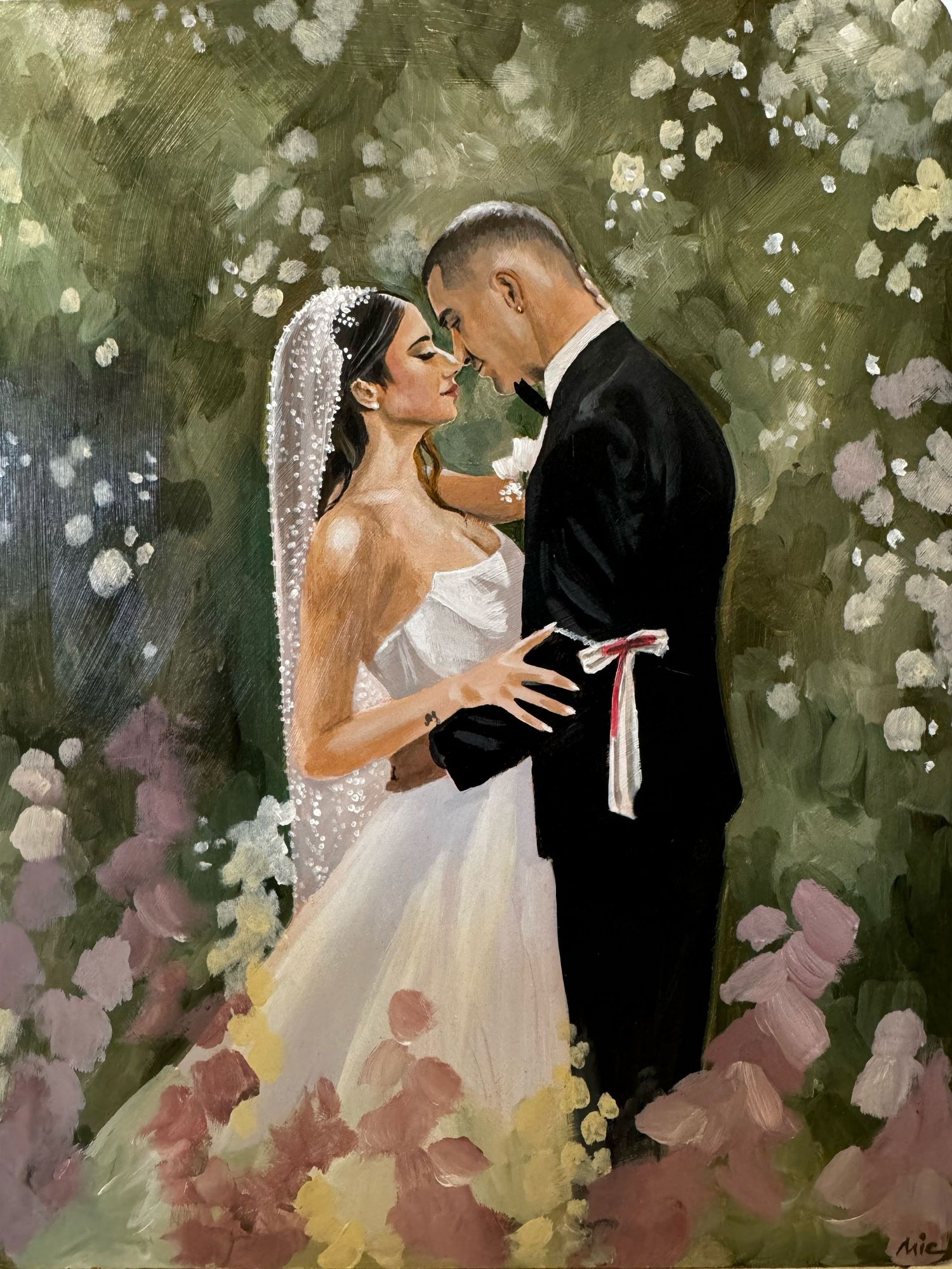 A romantic watercolor painting of a bridal couple embracing in a dreamy garden setting with soft bokeh effects.