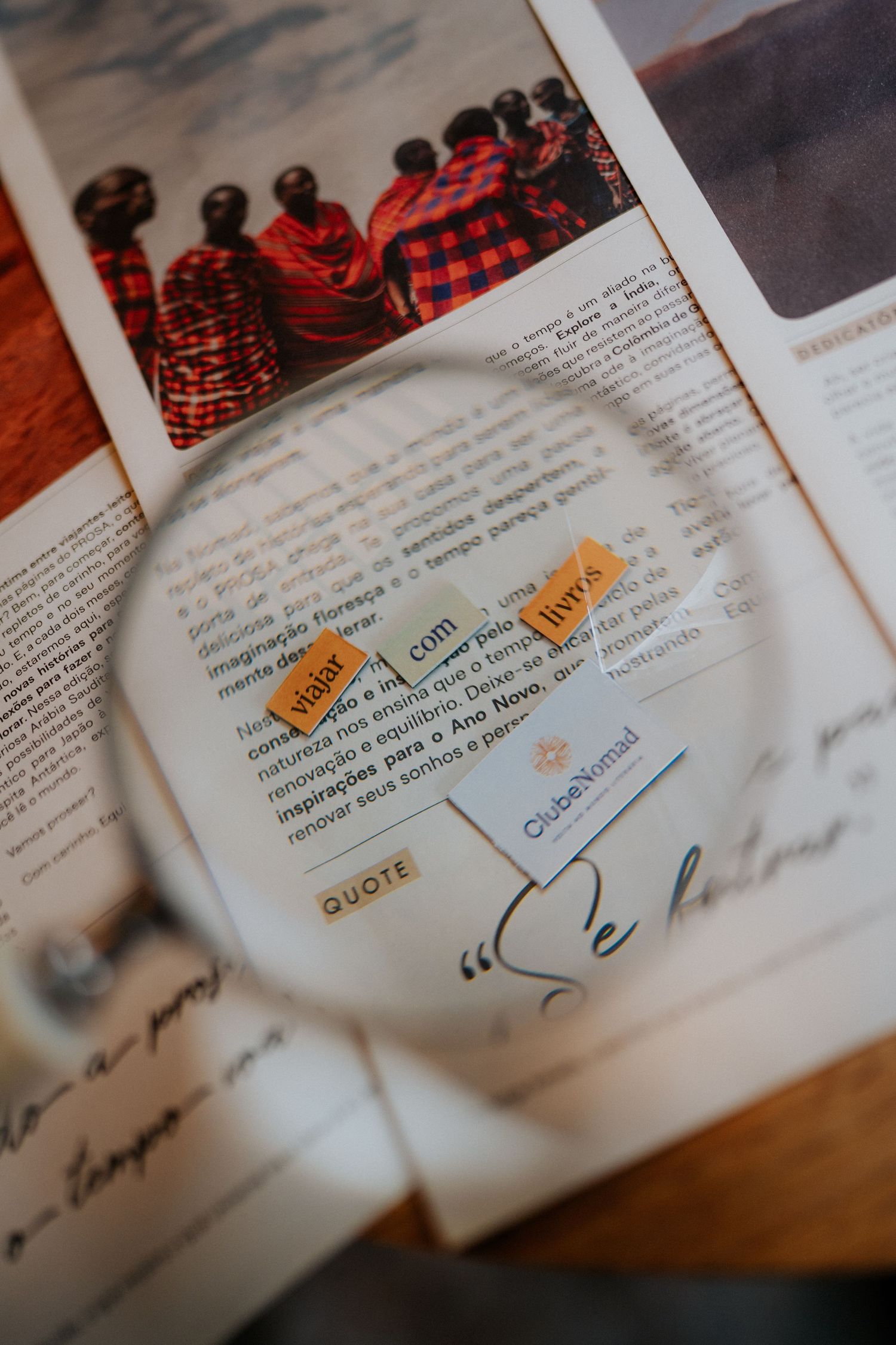 Close-up of printed materials with highlighted quotes and text annotations.