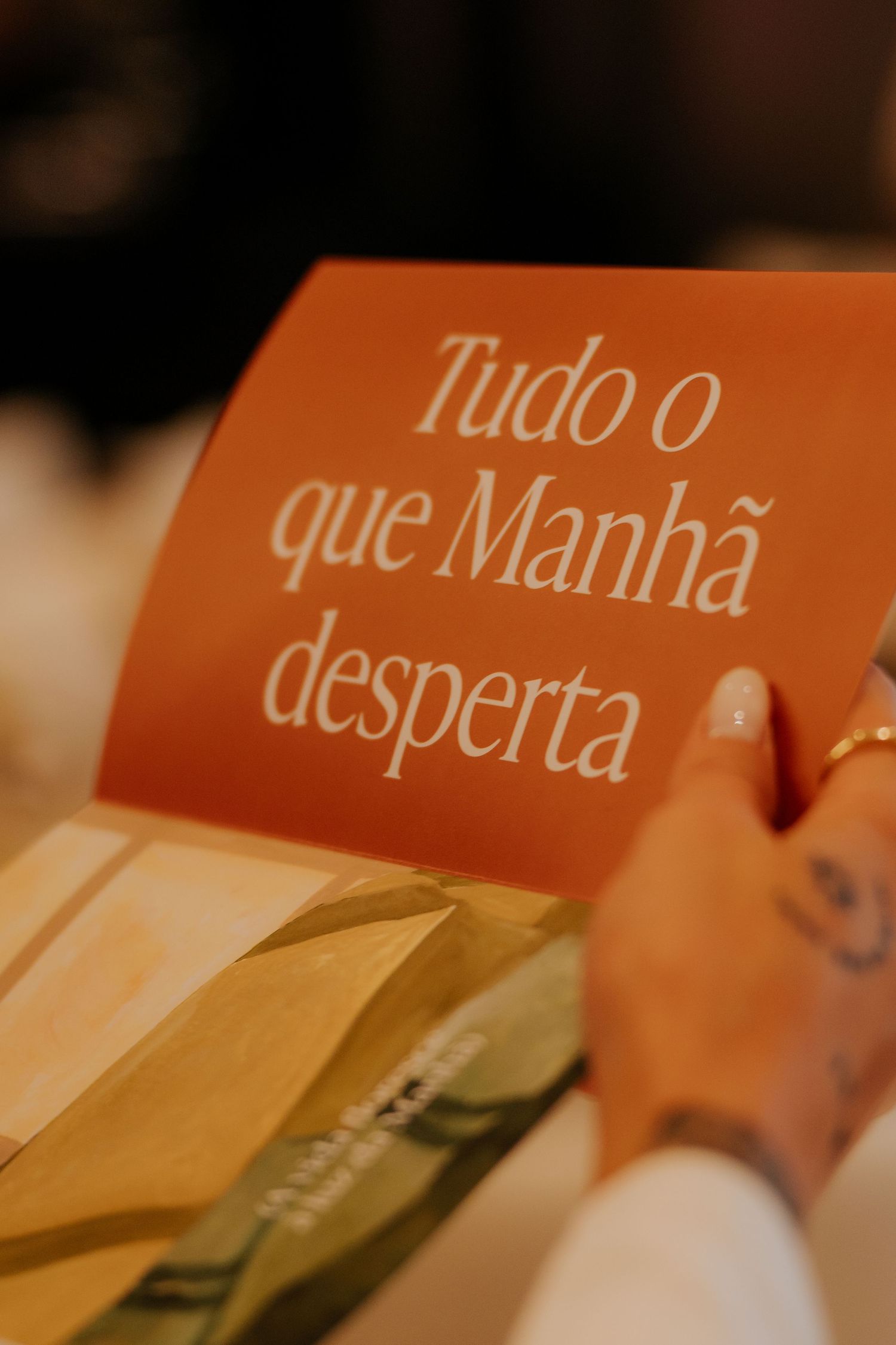 Portuguese text 'Tudo o que Manha desperta' on an orange book cover in soft focus.