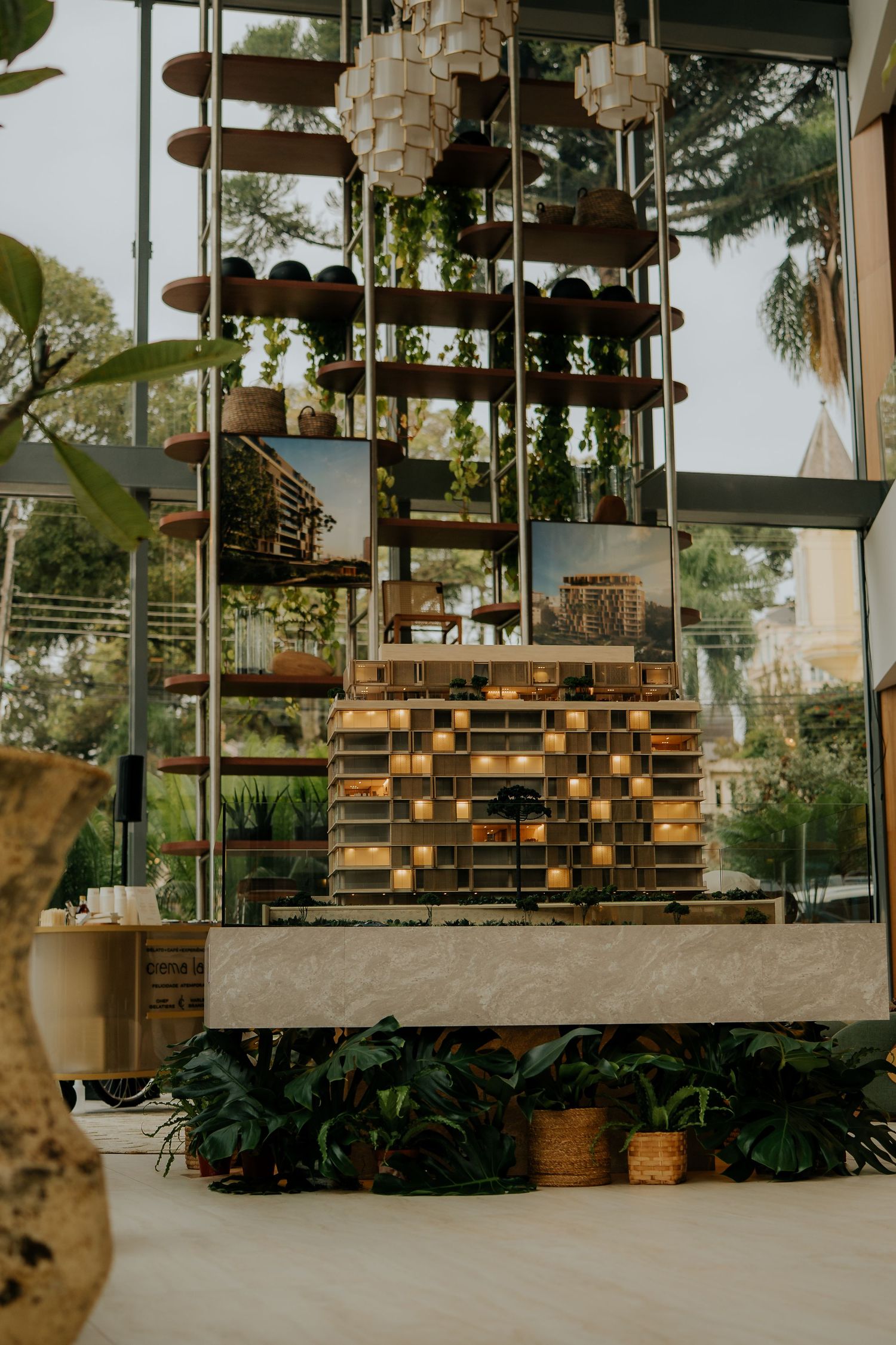 Modern interior design with wooden shelving, plants and decorative lighting fixtures.
