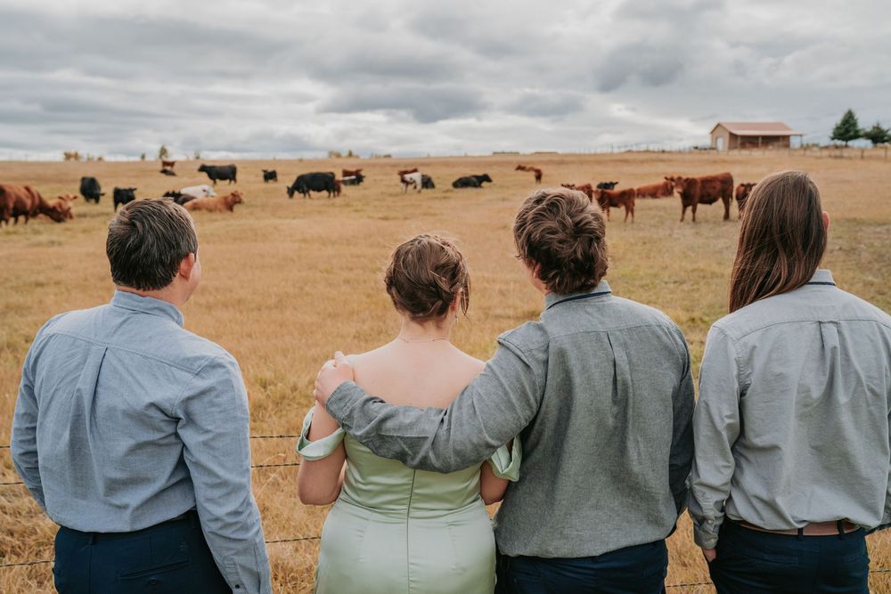 People in coordinating blue and gray outfits stand together against a rural landscape with grazing cattle.