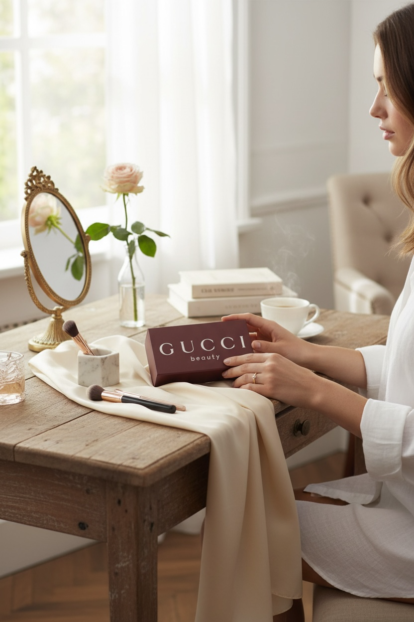 Minimalist beauty product display with floating spheres on pastel pink and gray background.