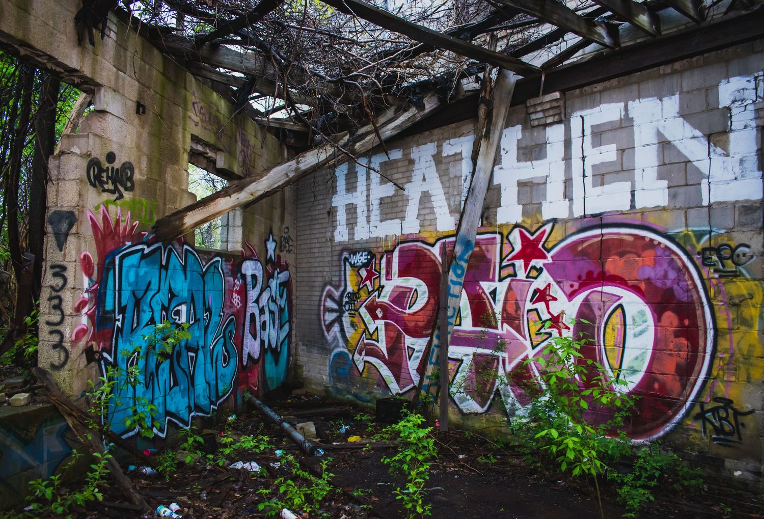 Vibrant graffiti murals covering walls of an overgrown abandoned building exterior.
