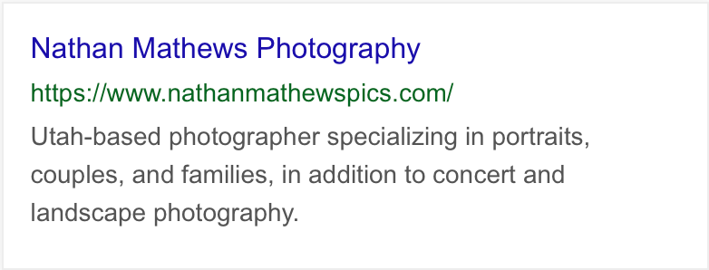 Professional photographer's business card with website URL and text describing services in Utah.