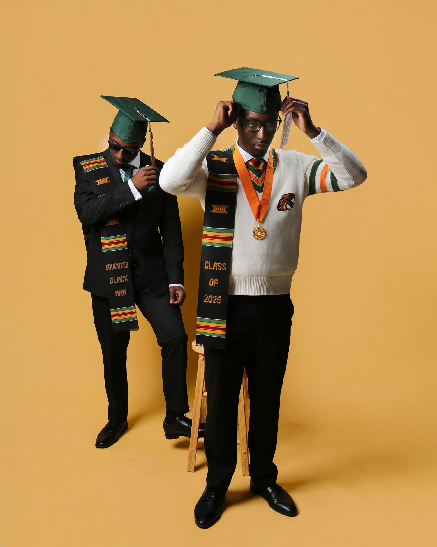 Students wearing graduation stoles and caps pose together against a warm orange background in a sequence of photos.