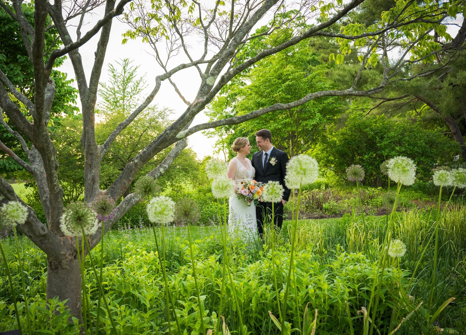 A couple stands in a lush garden setting with white hydrangea trees and tall green grass on a sunny spring day.