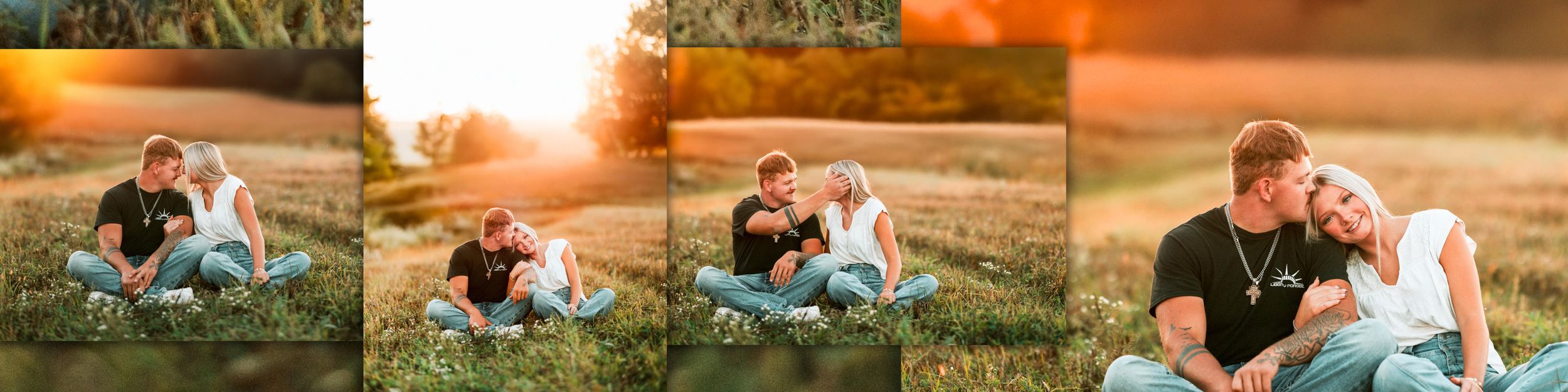A couple sits together in a grassy field during golden hour with wildflowers blooming around them.