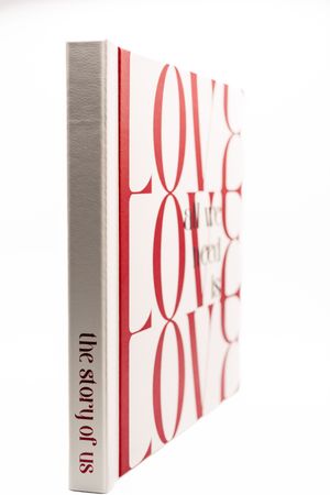 A series of white book spines with red text spelling out 'LOVE' arranged in a diminishing perspective view.