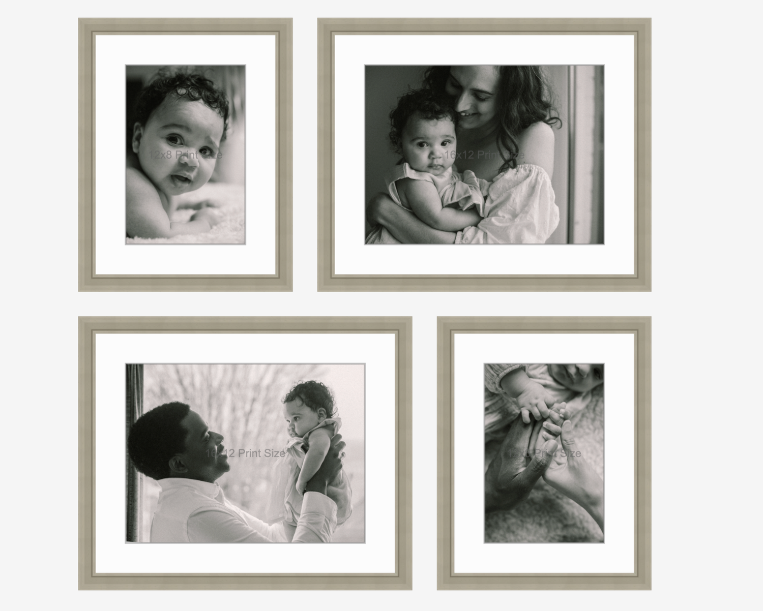 A collection of framed black and white photographs arranged on a wall in a gallery-style display.