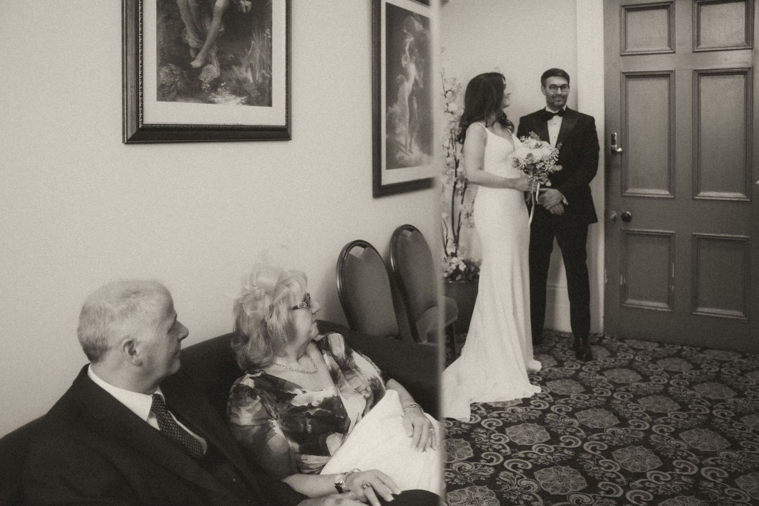 A series of black and white wedding photos showing various moments during a traditional ceremony and reception.
