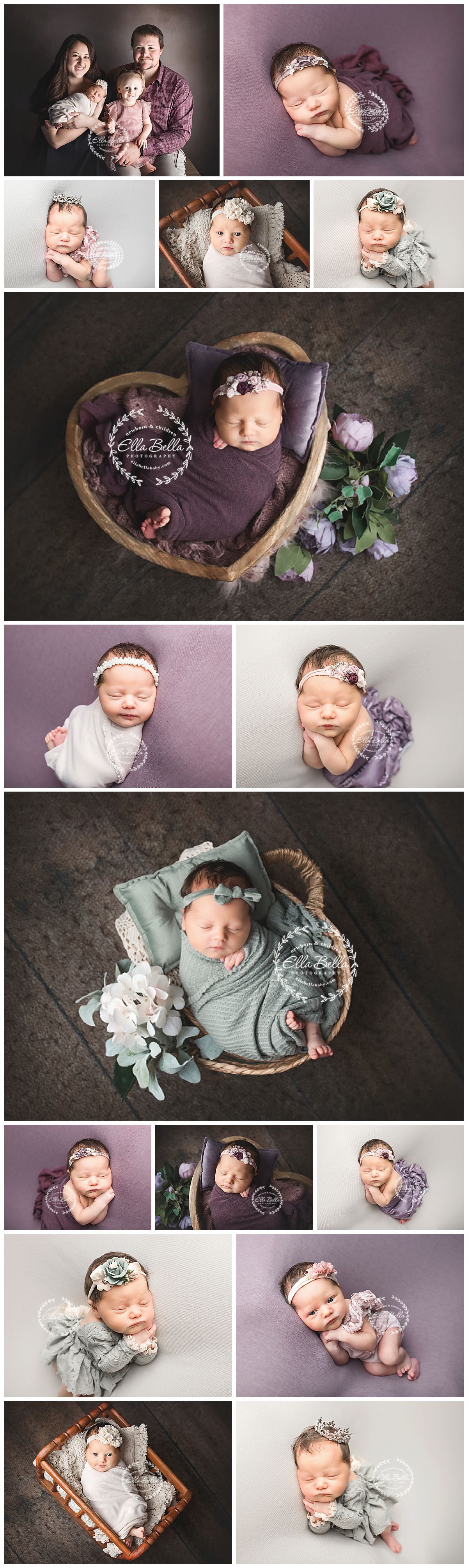 Newborn photography session featuring purple and mint green colors with rustic wooden props and delicate floral accents.