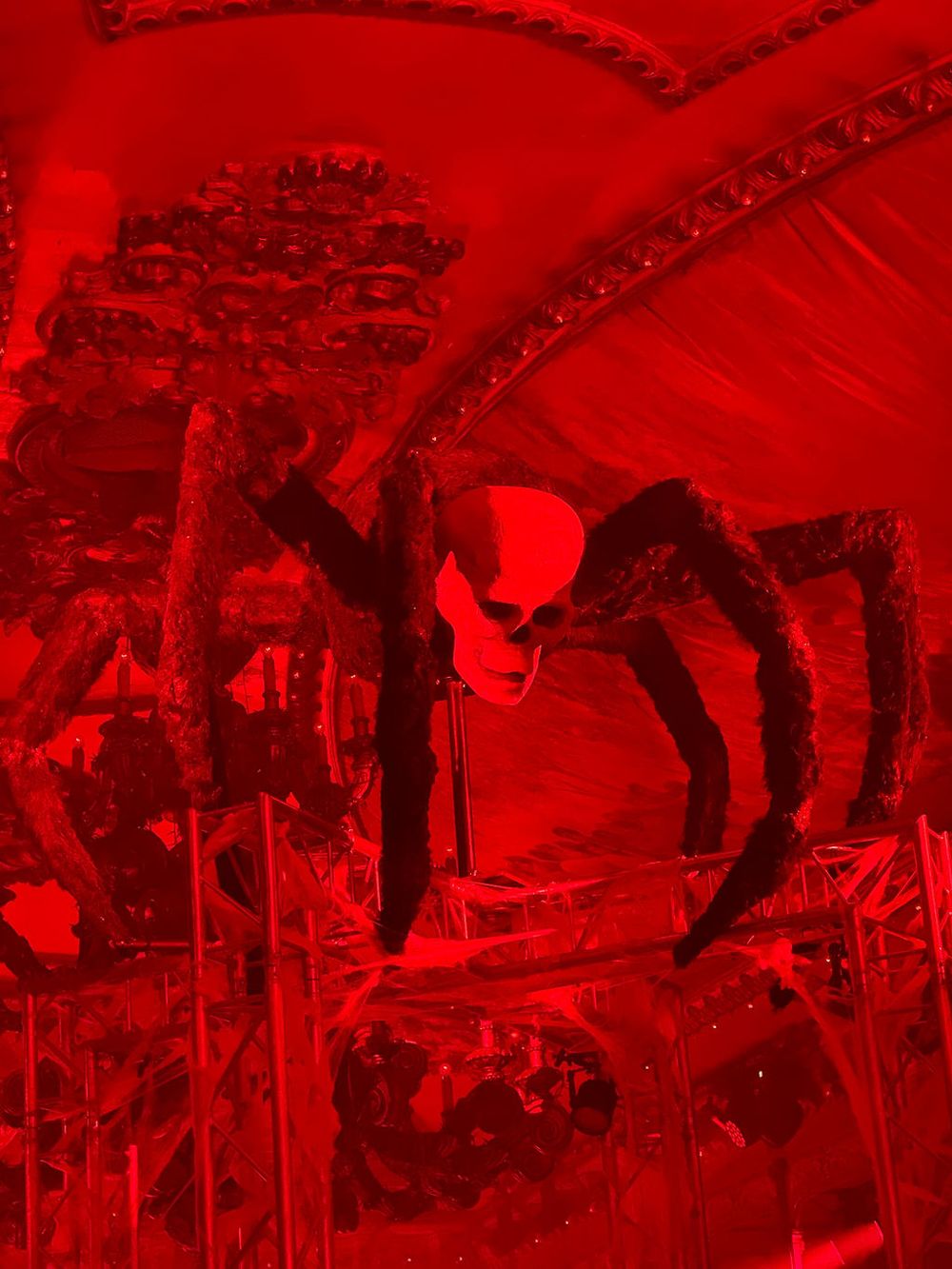 Giant spider Halloween decor at the YouTube x Lady Gaga Mayhem Halloween Party – La Paloma Barcelona 2025