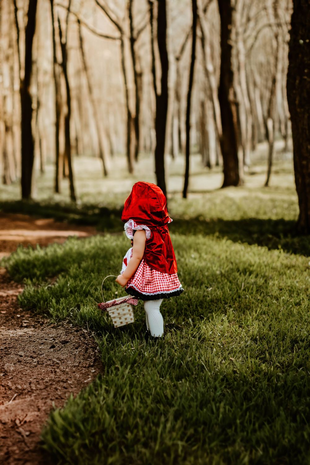 Person in red dress walks through sunlit forest path.