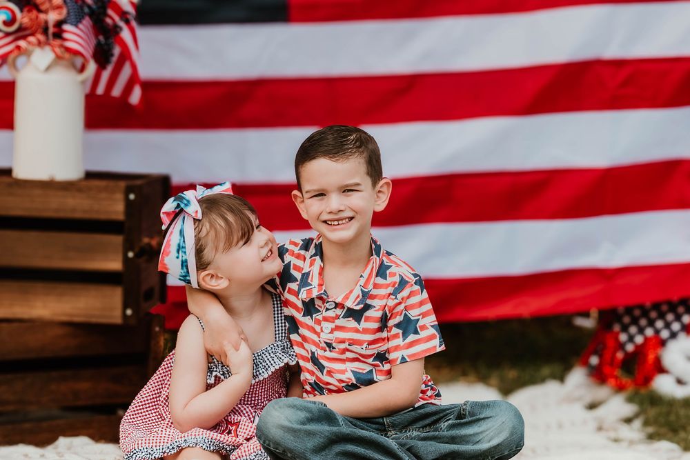 Patriotic photo series featuring children in red white and blue outfits posing with American flags against a flag backdrop.