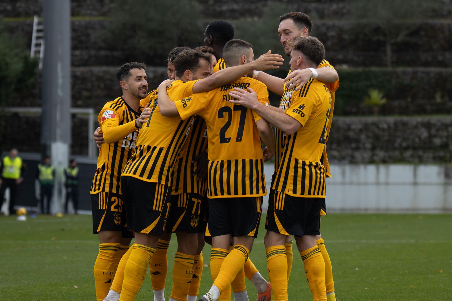 Soccer team in yellow and black striped uniforms celebrating together on the field during a match.