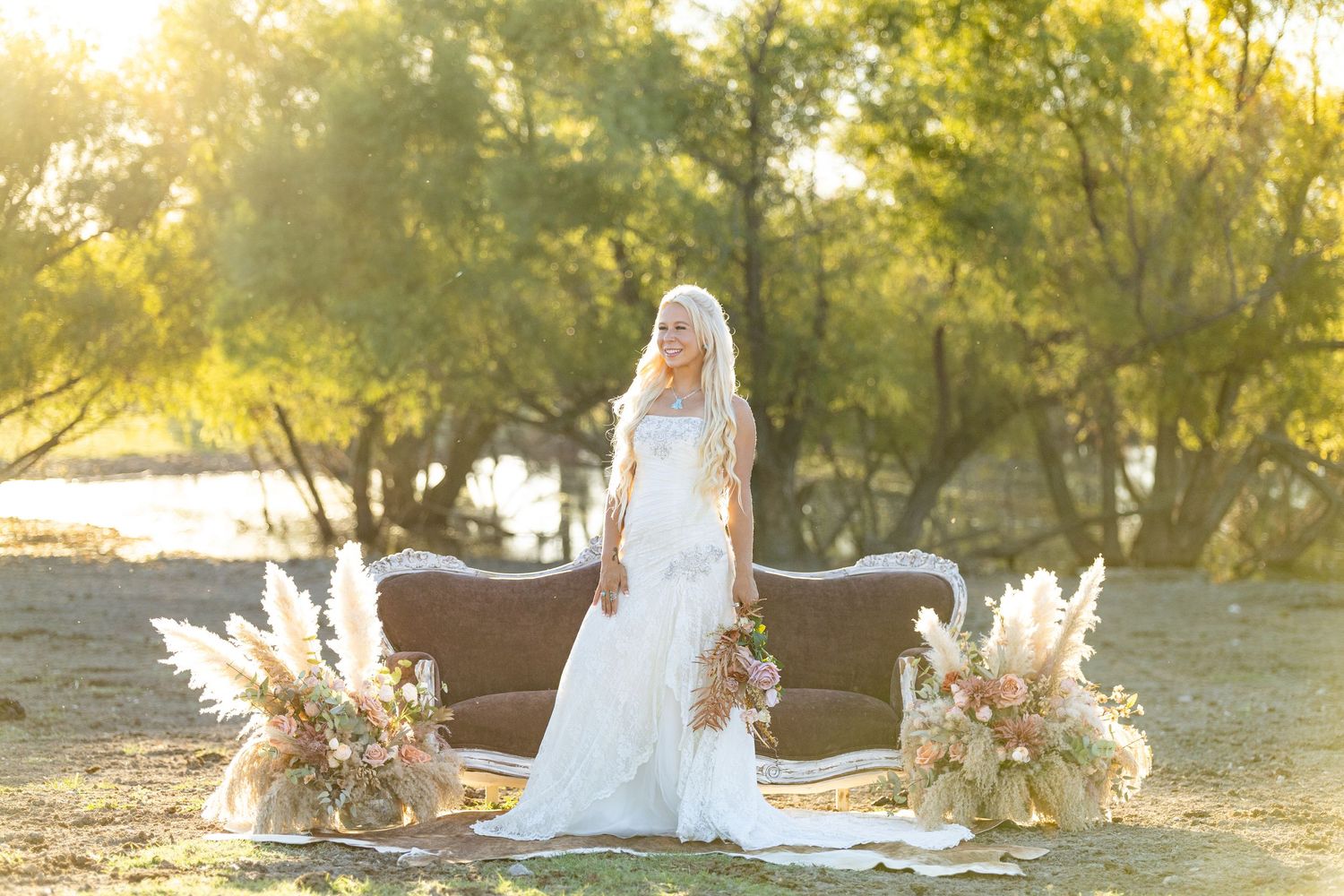sunset bridal portraits with antique couch
