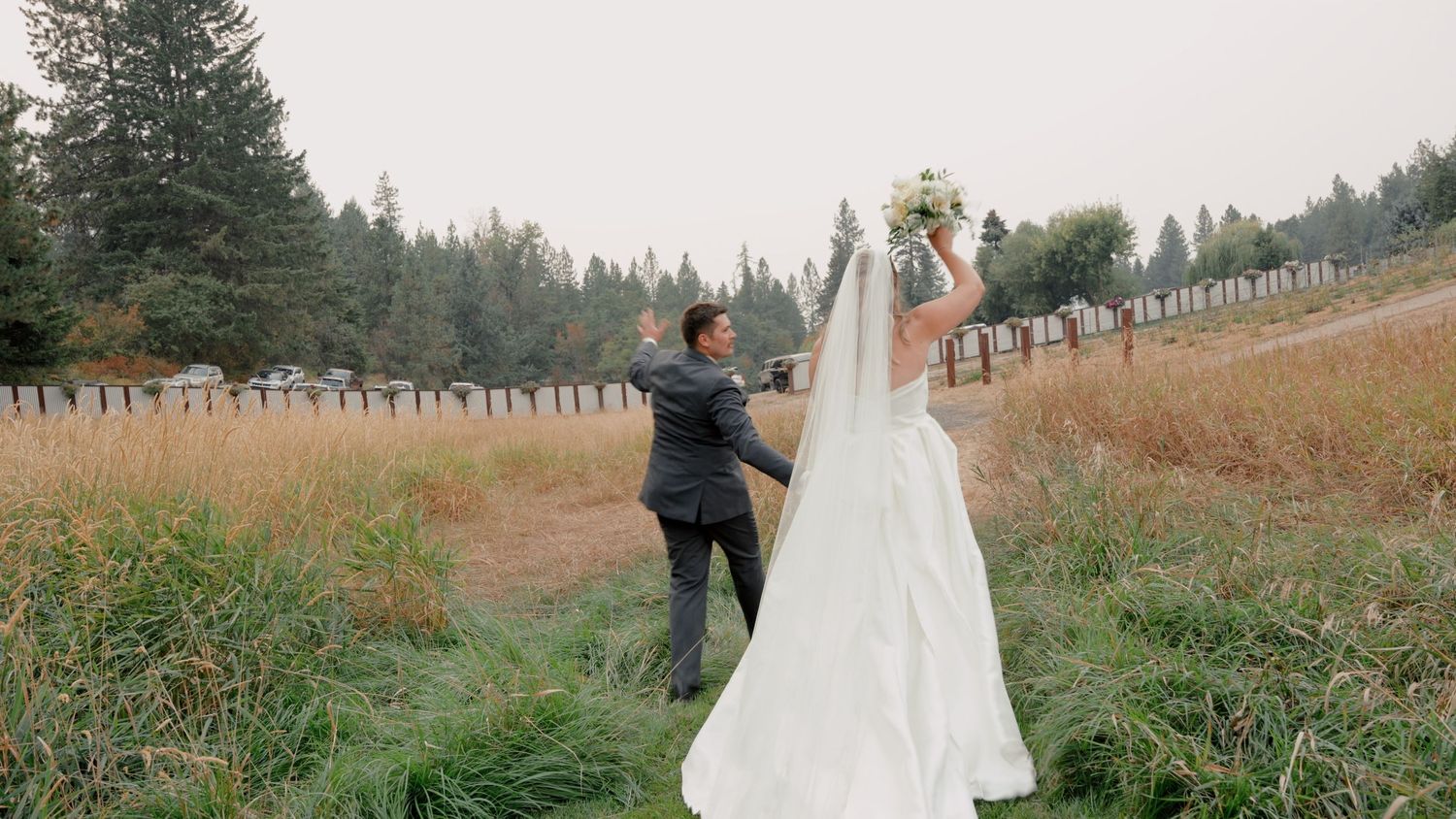 A series of wedding photos showing the couple walking through scenic outdoor settings with tall grass and evergreen trees.