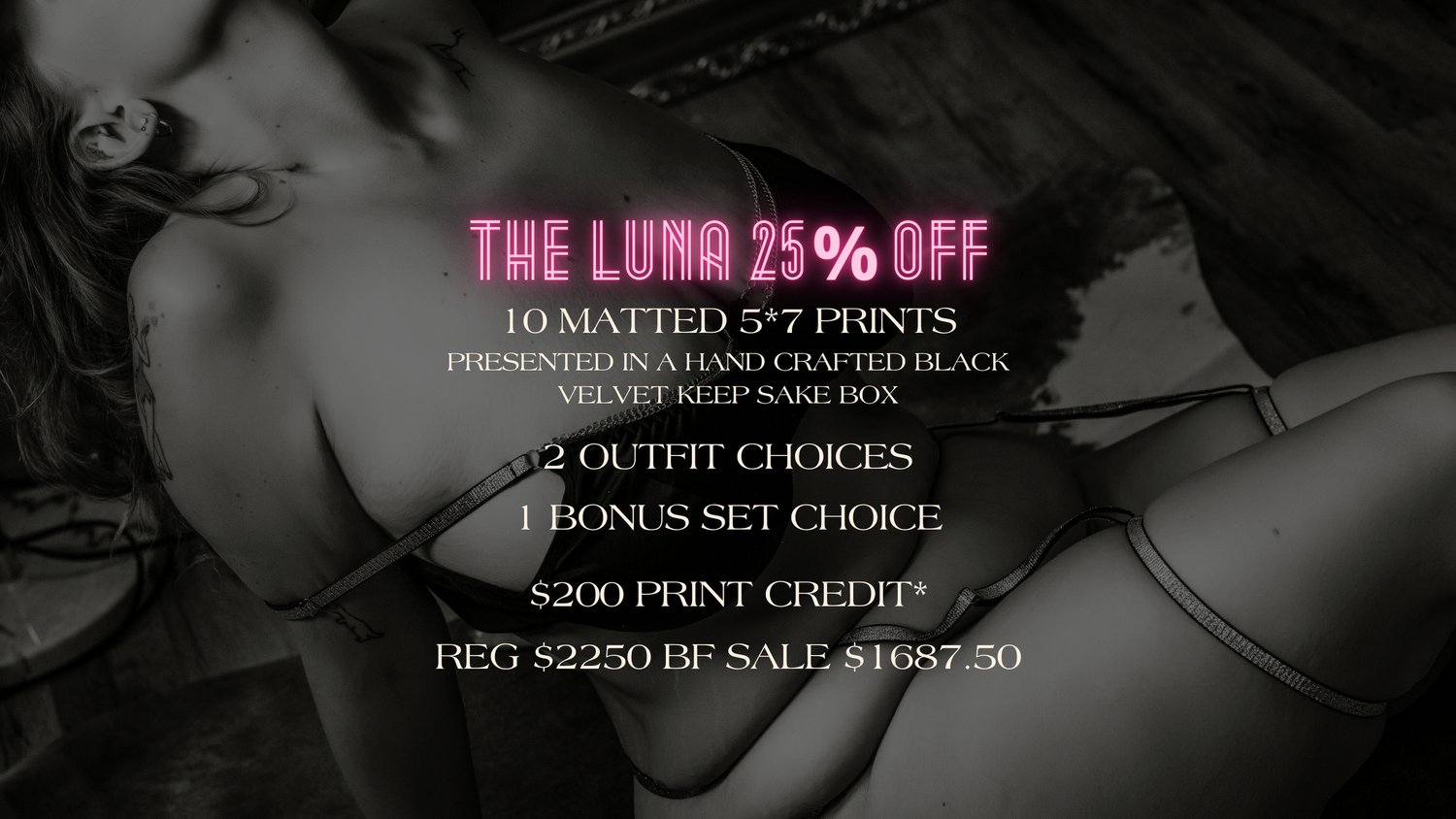 Sale advertisement for The Luna collection with product details on dark background.