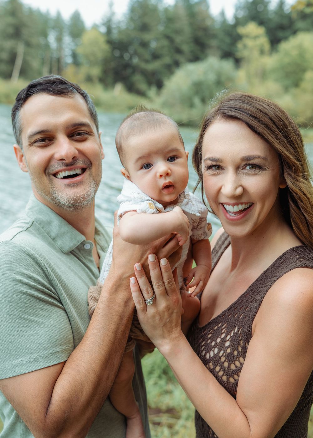 A series of joyful outdoor family photos showing playful moments against a green forest backdrop.