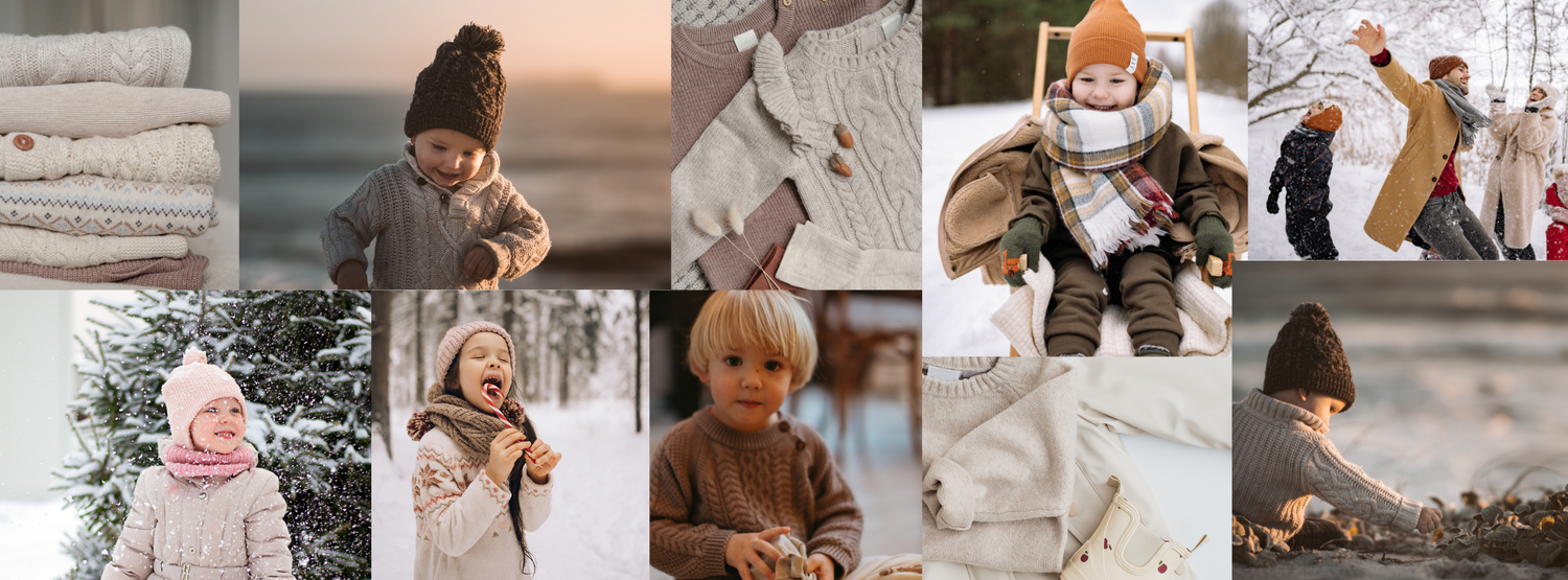Collection of cozy lifestyle photos in warm, muted tones showing candid family moments.