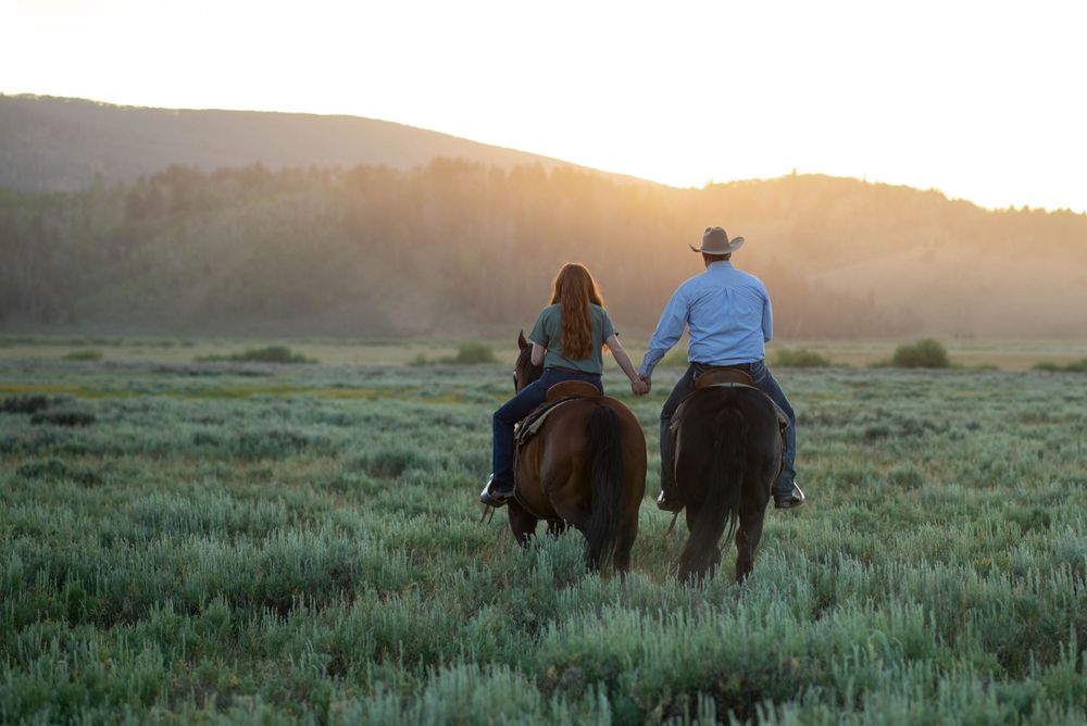 Two people horseback riding through a grassy meadow at sunset, silhouetted against the golden evening light.
