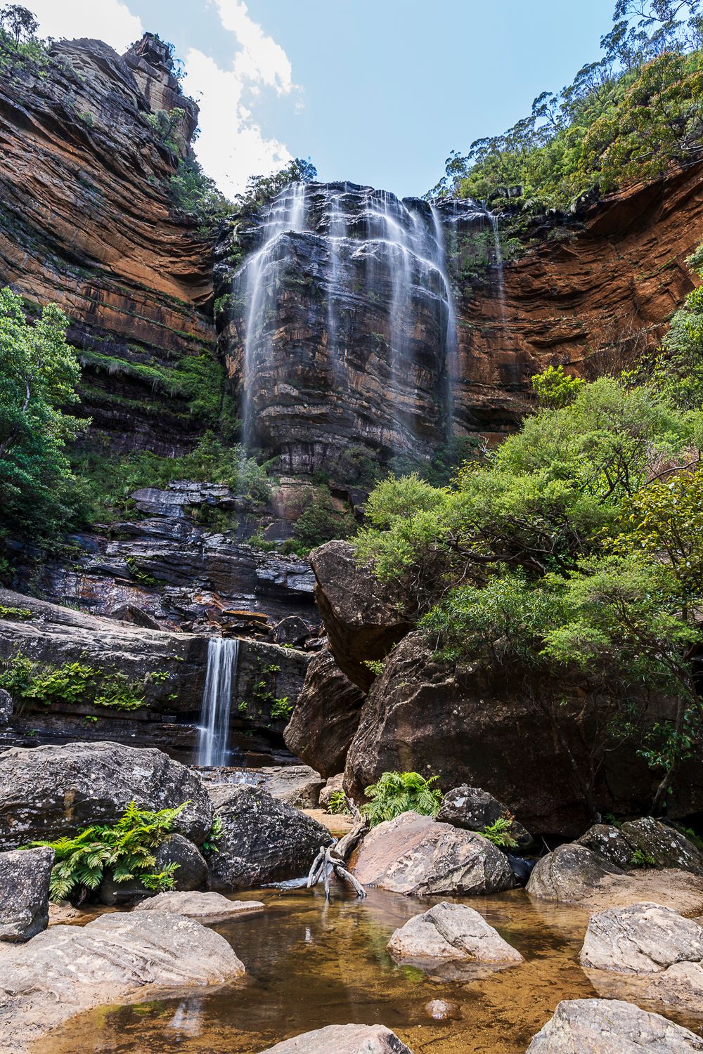 Majestic waterfall cascading down red sandstone cliffs surrounded by lush green vegetation and rocky pools in Blue Mountains.