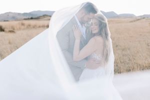 Bride and groom wrapped together under flowing wedding veil in golden field.