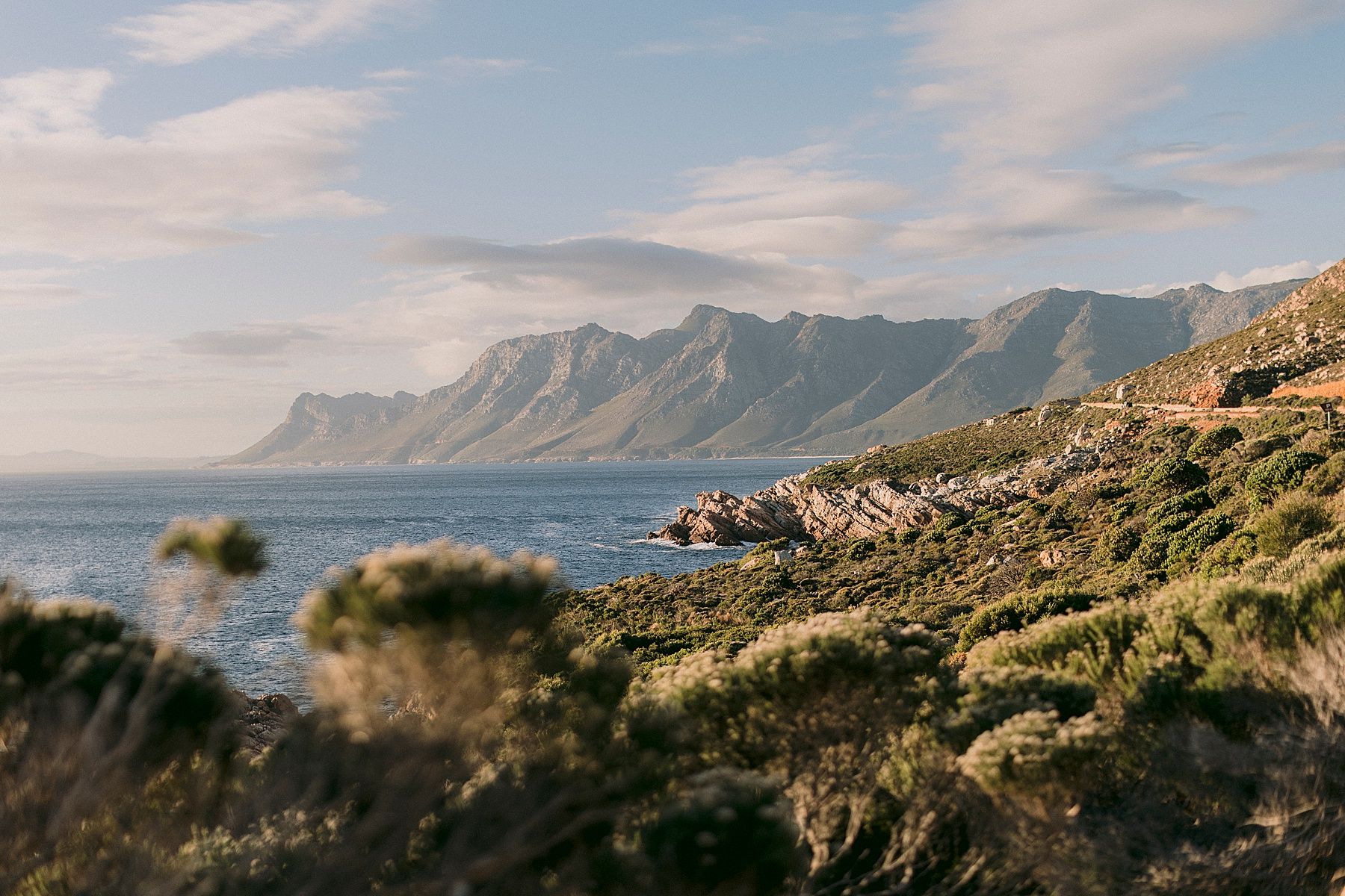 Scenic coastal landscape featuring rocky shoreline, lush green vegetation, and majestic mountains under a blue sky.