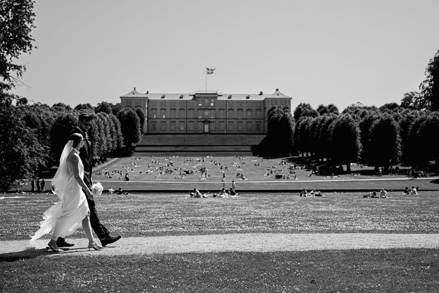 Seven black and white film photographs aligned in a row showing outdoor fields and buildings.