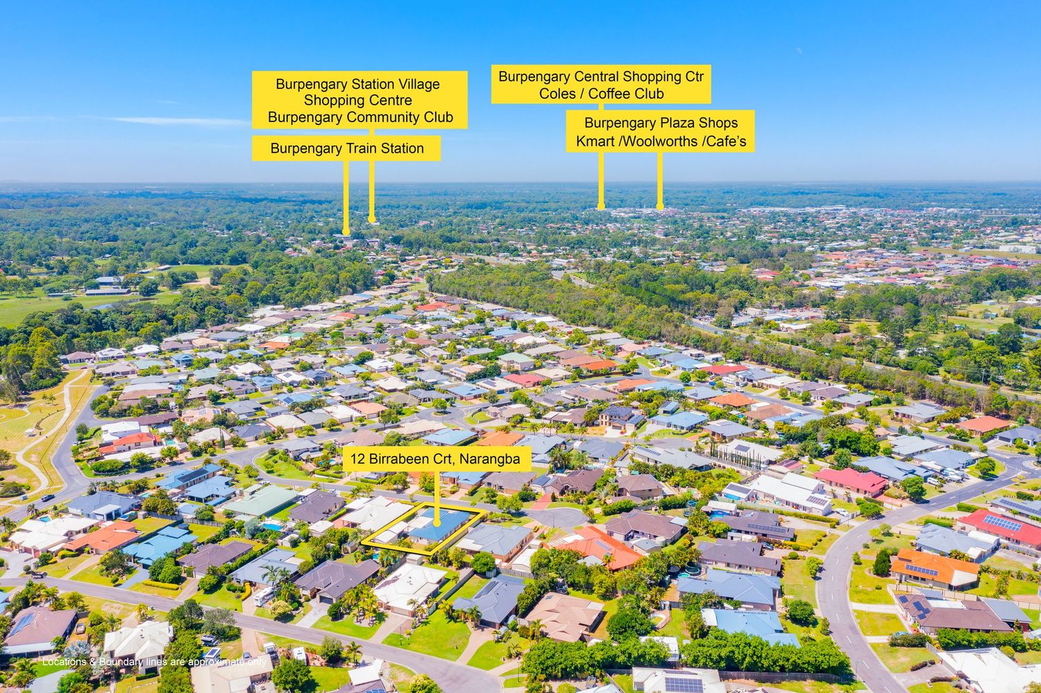 Aerial view of home in Narangba highlighting proximity to Burpengary train station and local shopping centres.