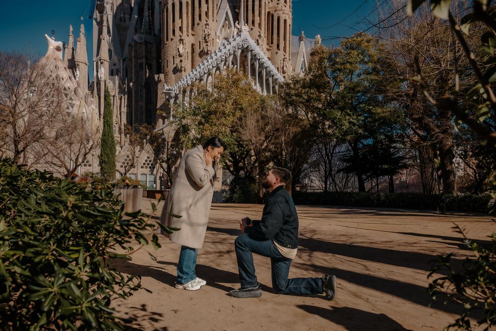 Wide shot walking toward Sagrada Família gardens Surprise proposal photoshoot Barcelona BarcelonaLoversPH