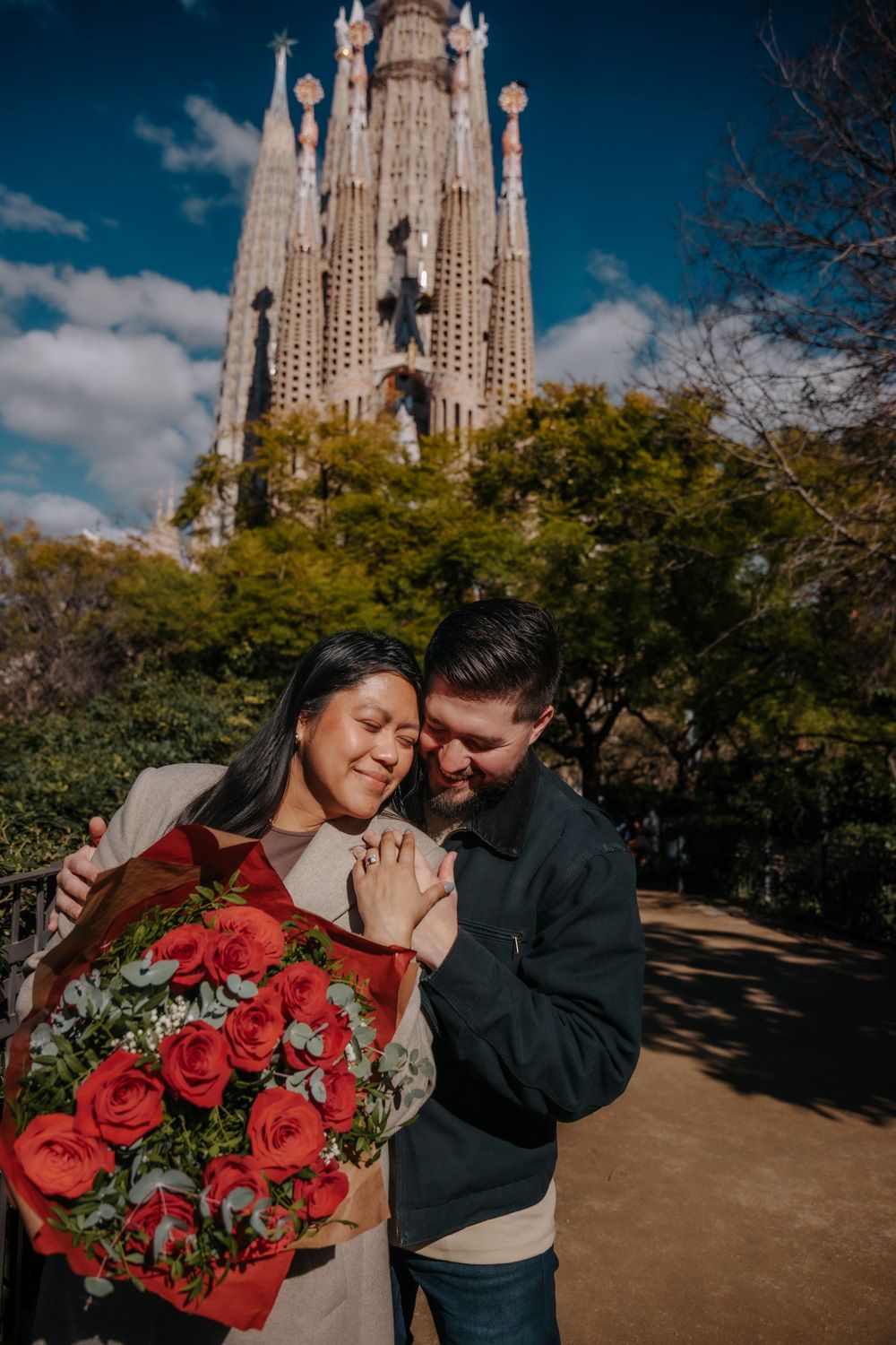 Edgar giving roses right after the proposal Sagrada Família Surprise proposal photoshoot Barcelona BarcelonaLoversPH