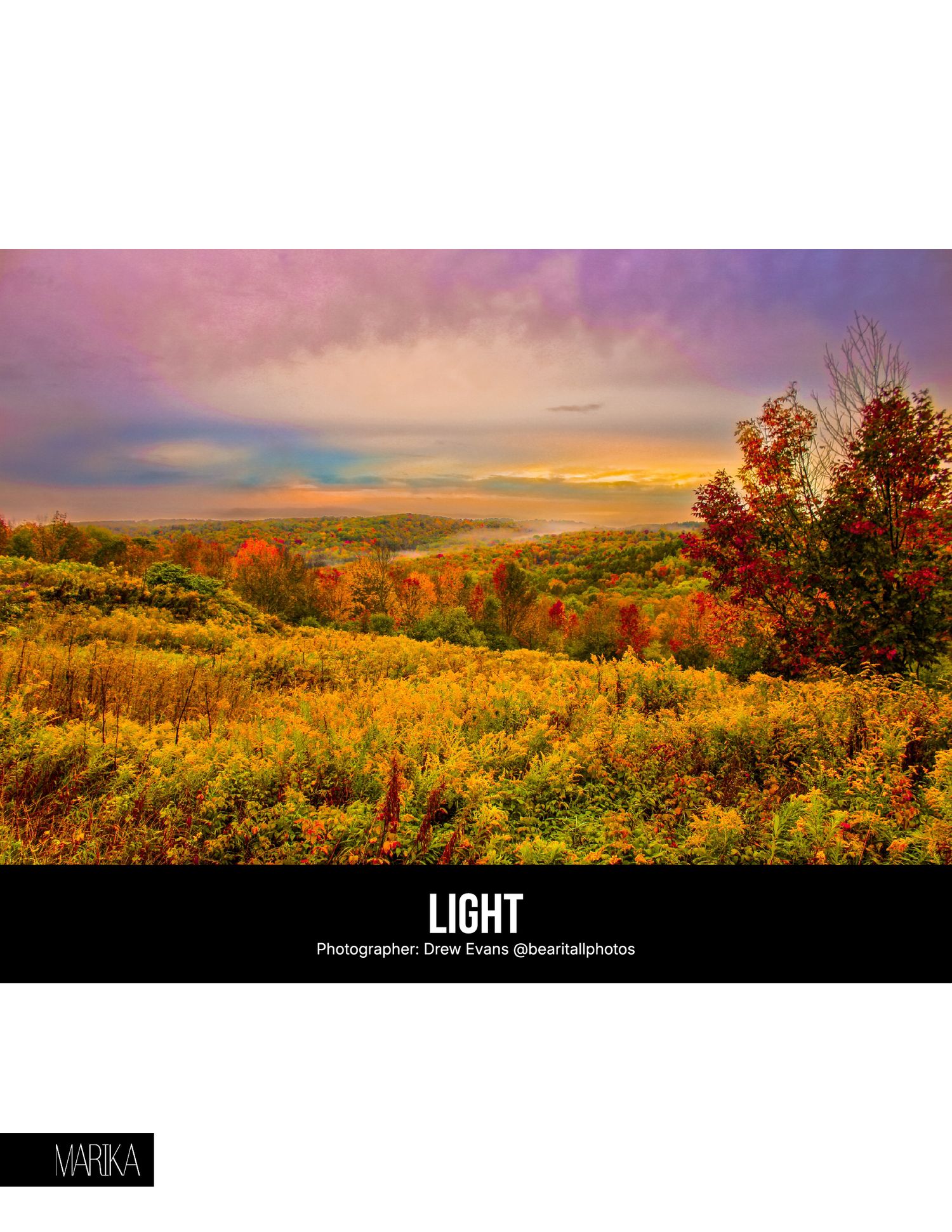 Panoramic autumn landscape at sunset with vibrant fall foliage and golden light illuminating rolling hills and meadows.