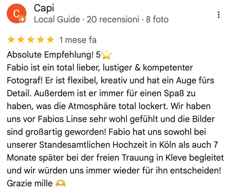 Fabio fotograf flexibel und kreativ. Lockerte Atmosphäre bei Trauung in Köln und Kleve auf. Absolute Empfehlung