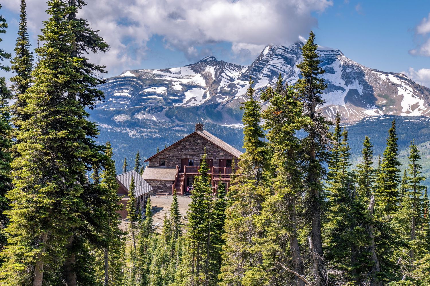 Snow-capped mountain peaks rise behind evergreen trees in a scenic mountain landscape view.