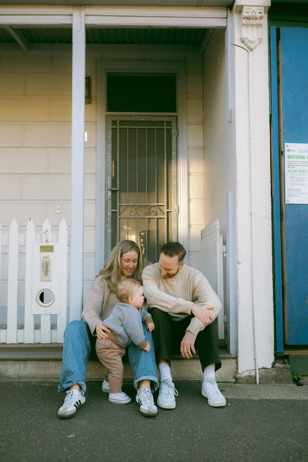A series of four connected photos showing tender moments between a parent and child sitting on a porch.