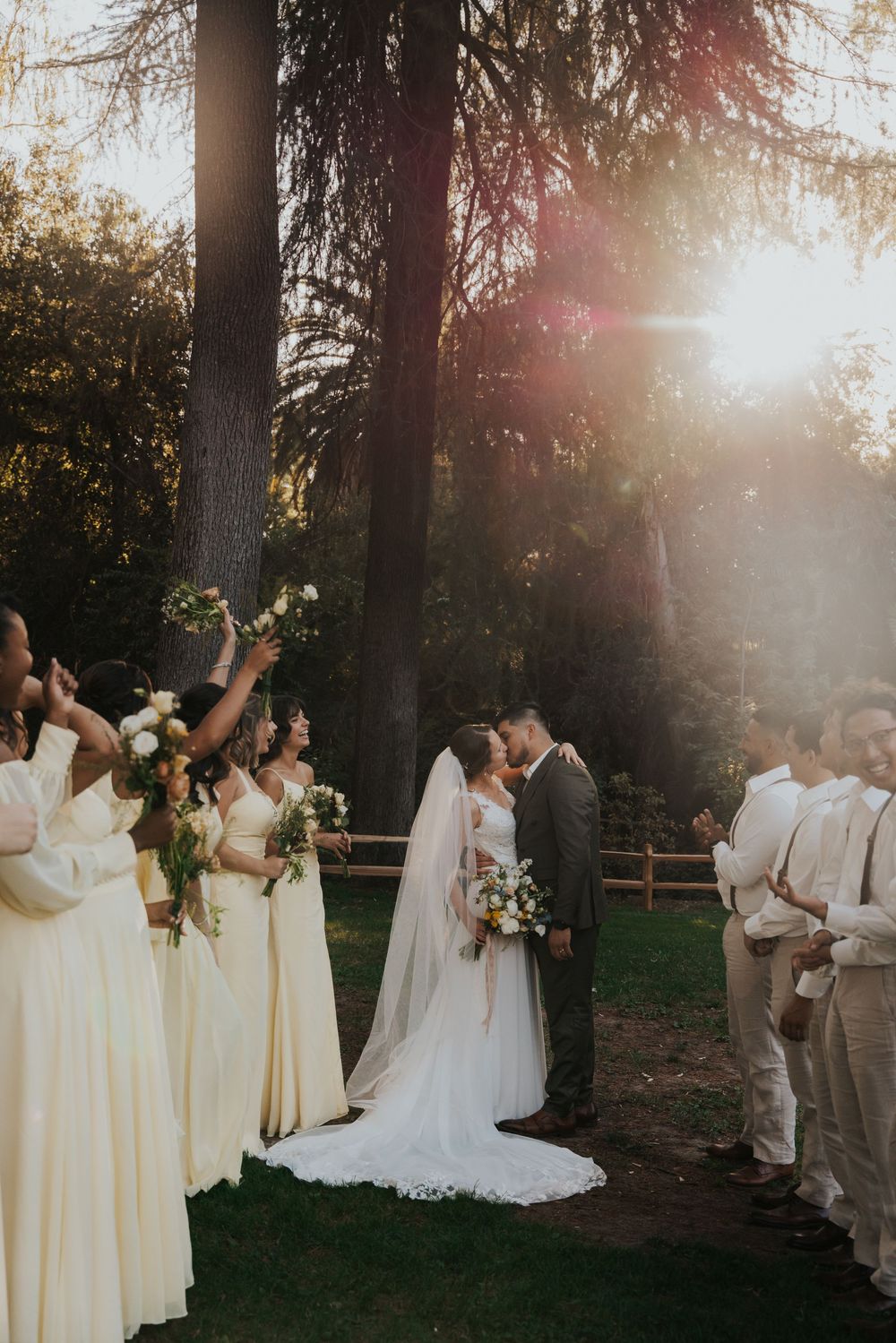 Wedding party gathered outdoors at sunset with bridesmaids in yellow dresses and groomsmen in khaki suits under tall trees.