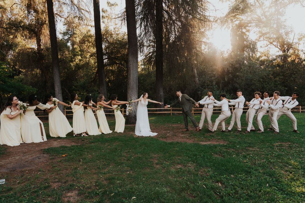 Wedding party members hold hands in a line while dancing through a sunlit garden at sunset.