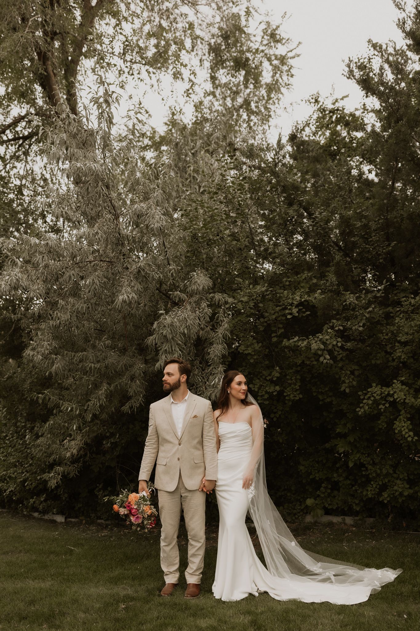 Elegant wedding portrait in natural setting with long cathedral veil and fitted white gown.