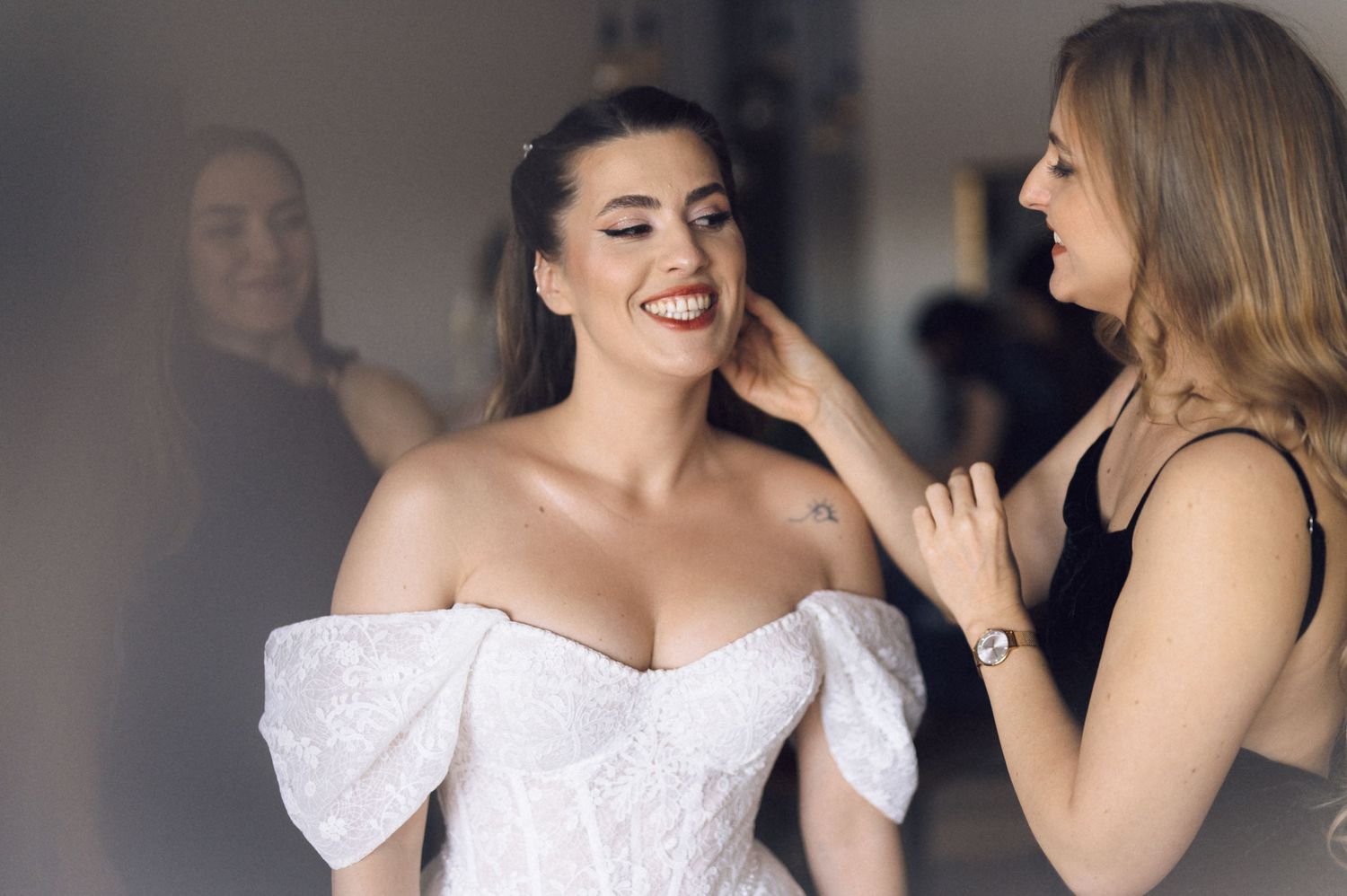 A sequence of wedding preparation photos showing a bride getting ready with bridesmaids in a hotel room.