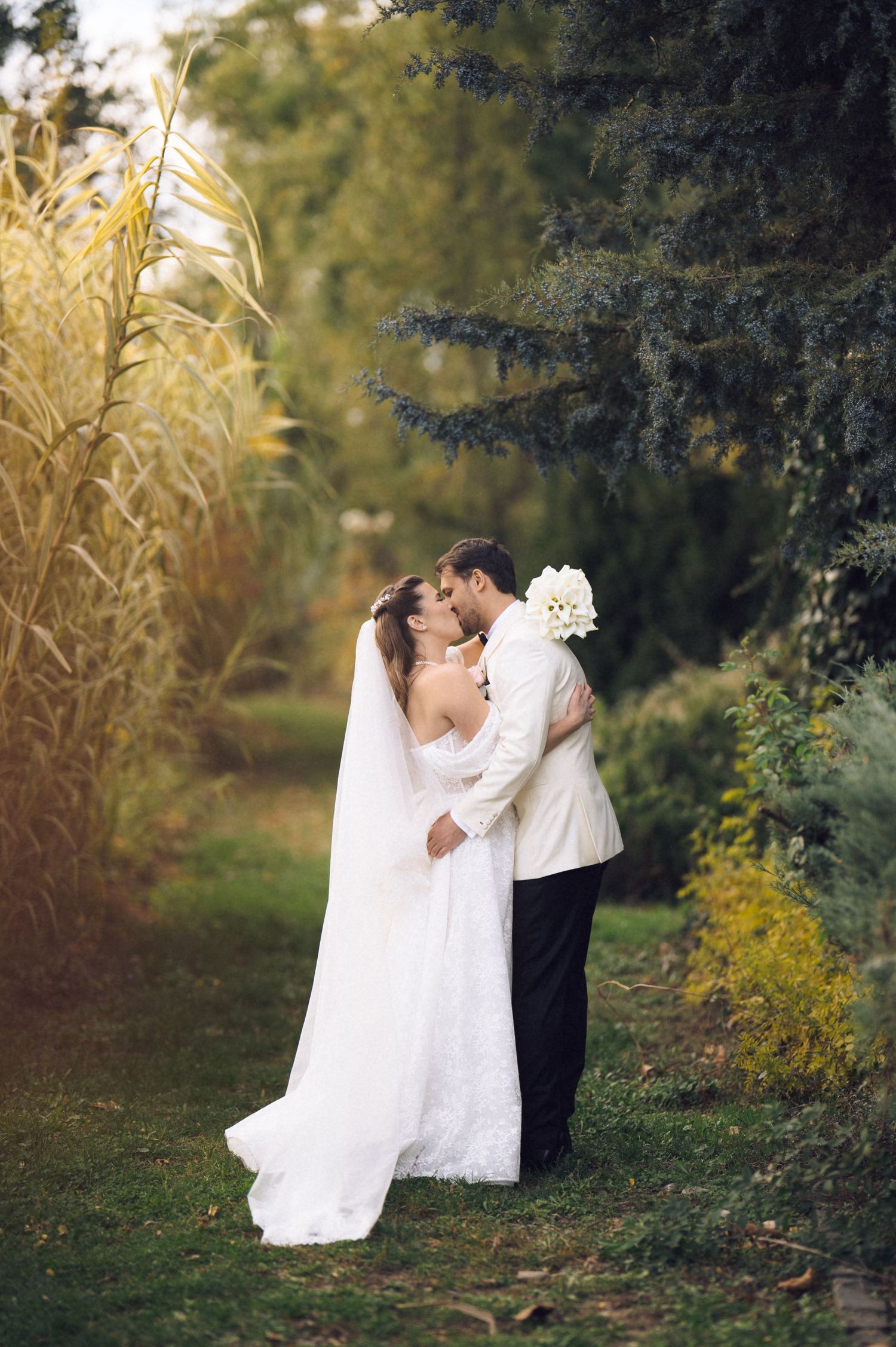 A romantic wedding couple embraces in a garden setting with tall grasses and trees creating a dreamy backdrop.