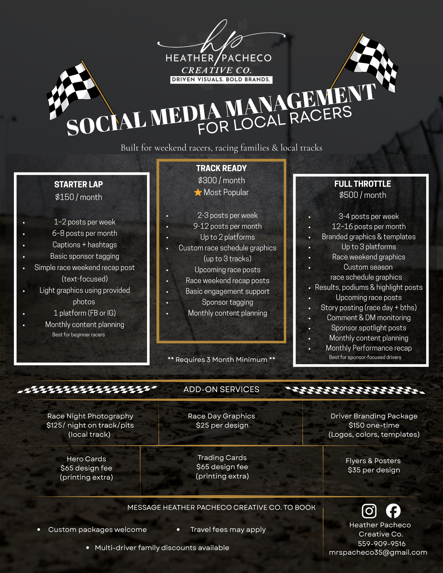 packages are designed to help racers and businesses build a strong, professional presence through strategic social media, custom branding