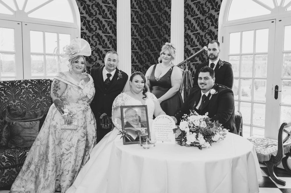 A black and white collage of wedding moments showing guests and couples at a formal celebration.