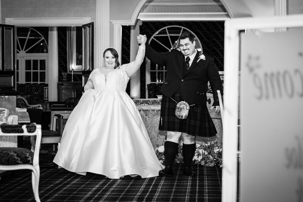 A series of black and white wedding photographs showing formal moments and celebrations in a traditional venue.