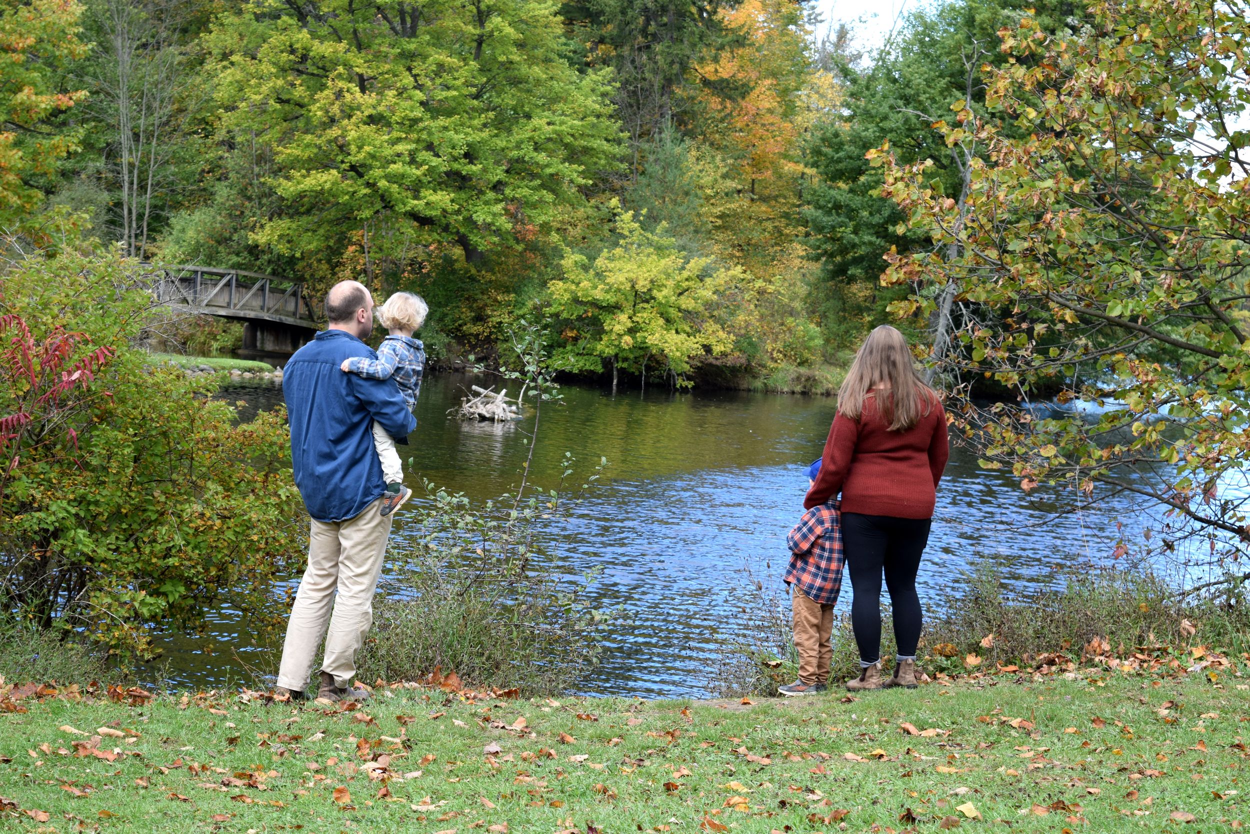 People enjoying a peaceful autumn day by a tranquil pond surrounded by colorful fall foliage in a park setting.